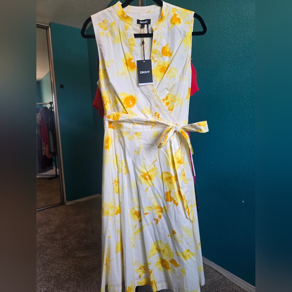 DKNY Floral Yellow and White Sundress V-Neck